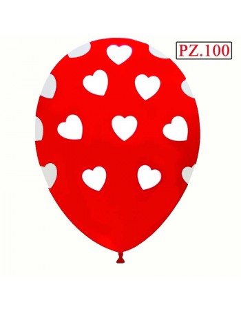 palloncino rosso con stampa cuori bianchi pz.100