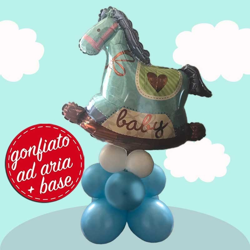 composizione con palloncino cavallo a dondolo blu