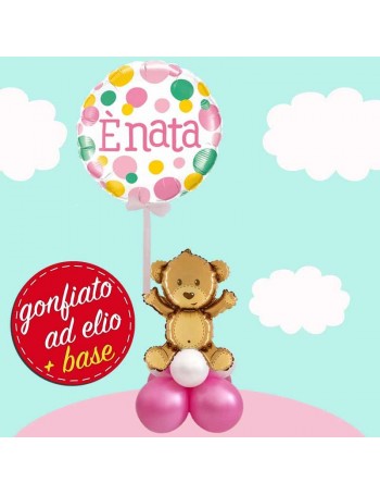 composizione con palloncino a pois e orsetto bambina