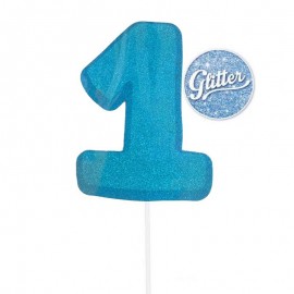 cake topper numero 1 glitter azzurro