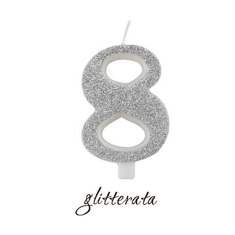 candela numero 8 argento cera glitter