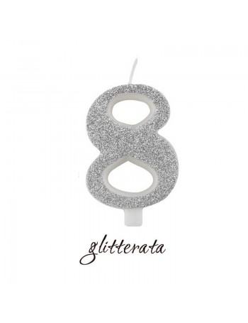 candela numero 8 argento cera glitter