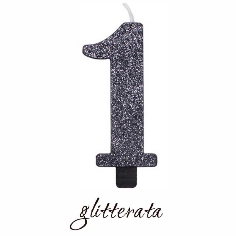 candela cera numero 1 nera glitter