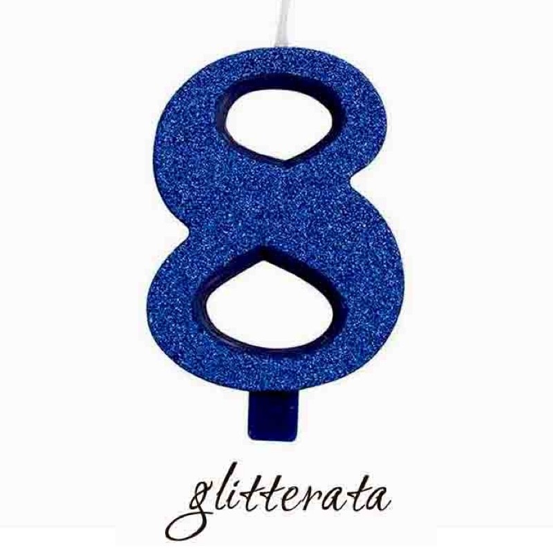 candela numero 8 blu cera glitter